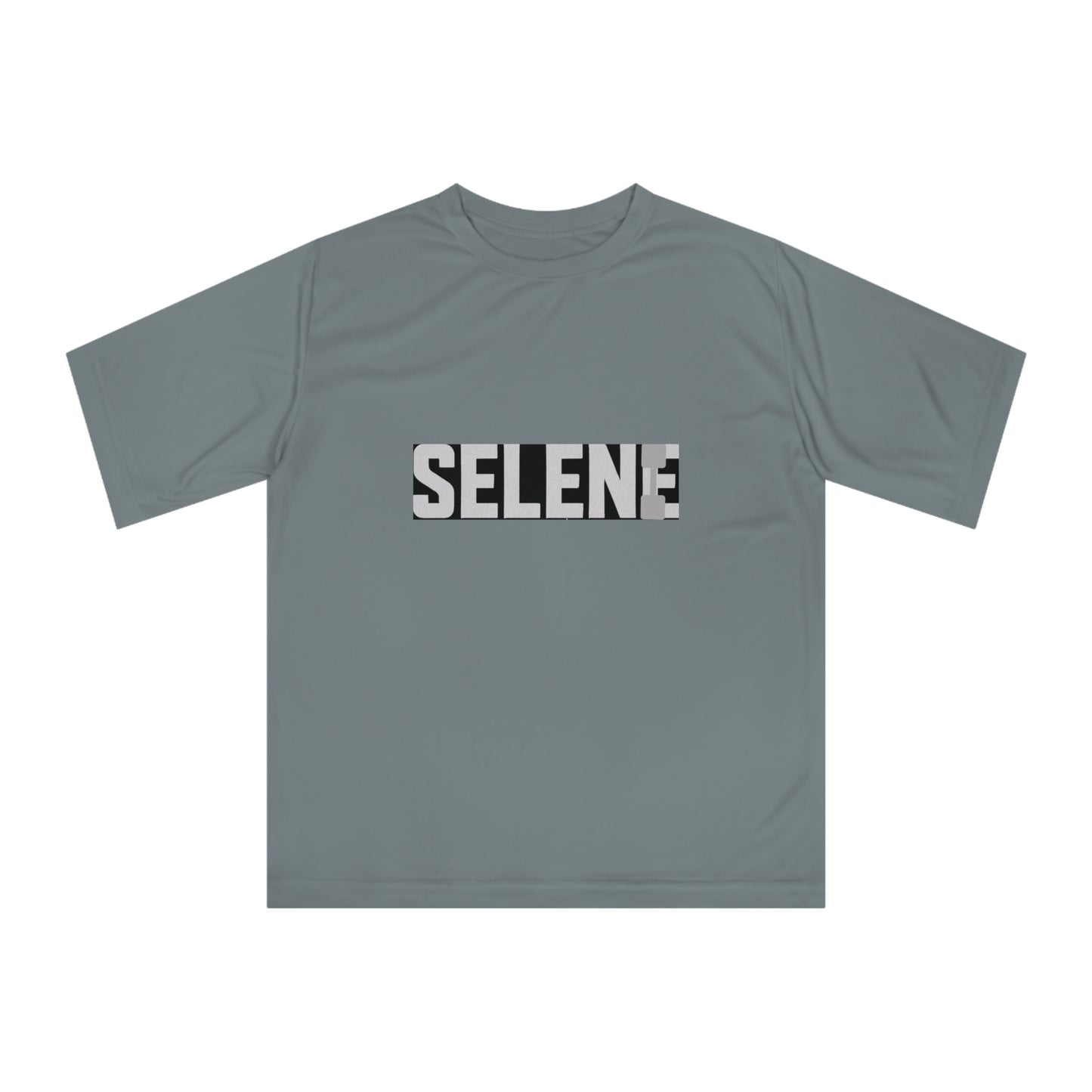 Performance T-Shirt featuring Selene bold logo on a gray background, ideal for active lifestyles and gym workouts.