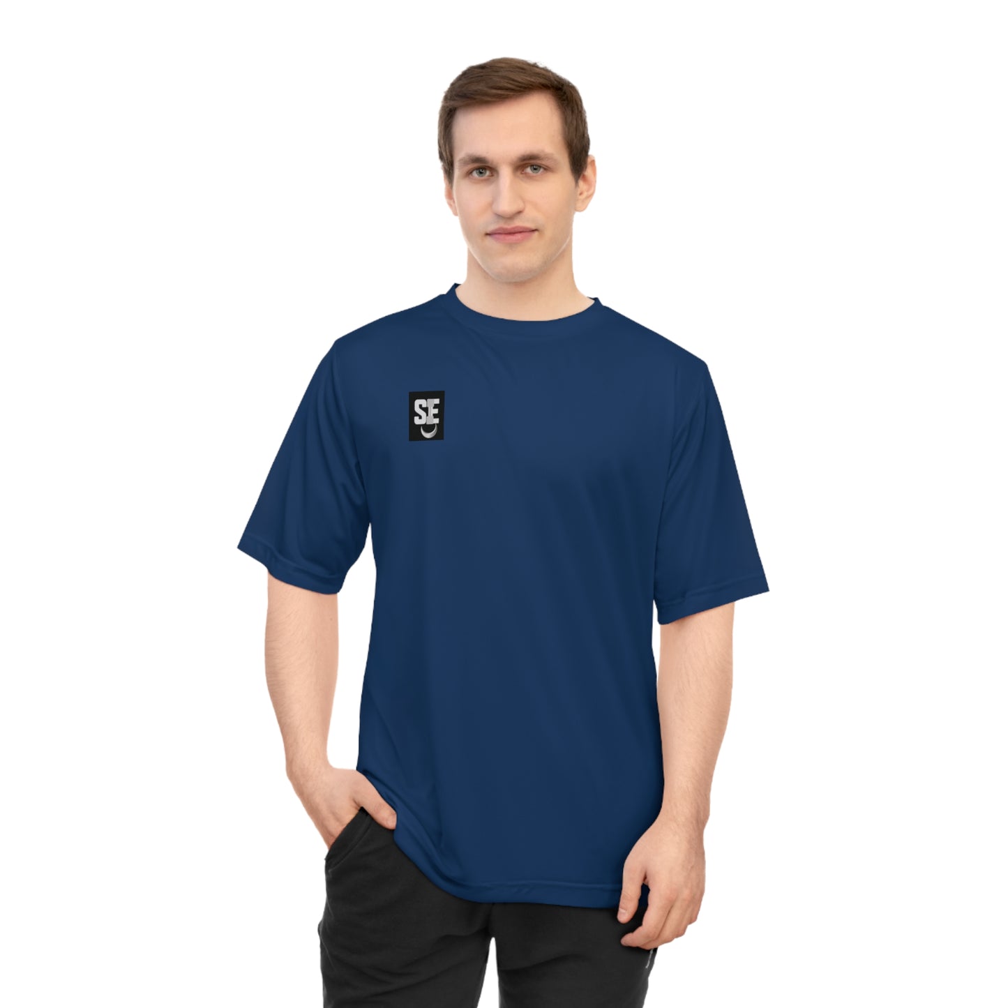 Man wearing a blue Selene Bold Logo performance t-shirt, perfect for gym workouts and active lifestyles, showcasing the bold logo.