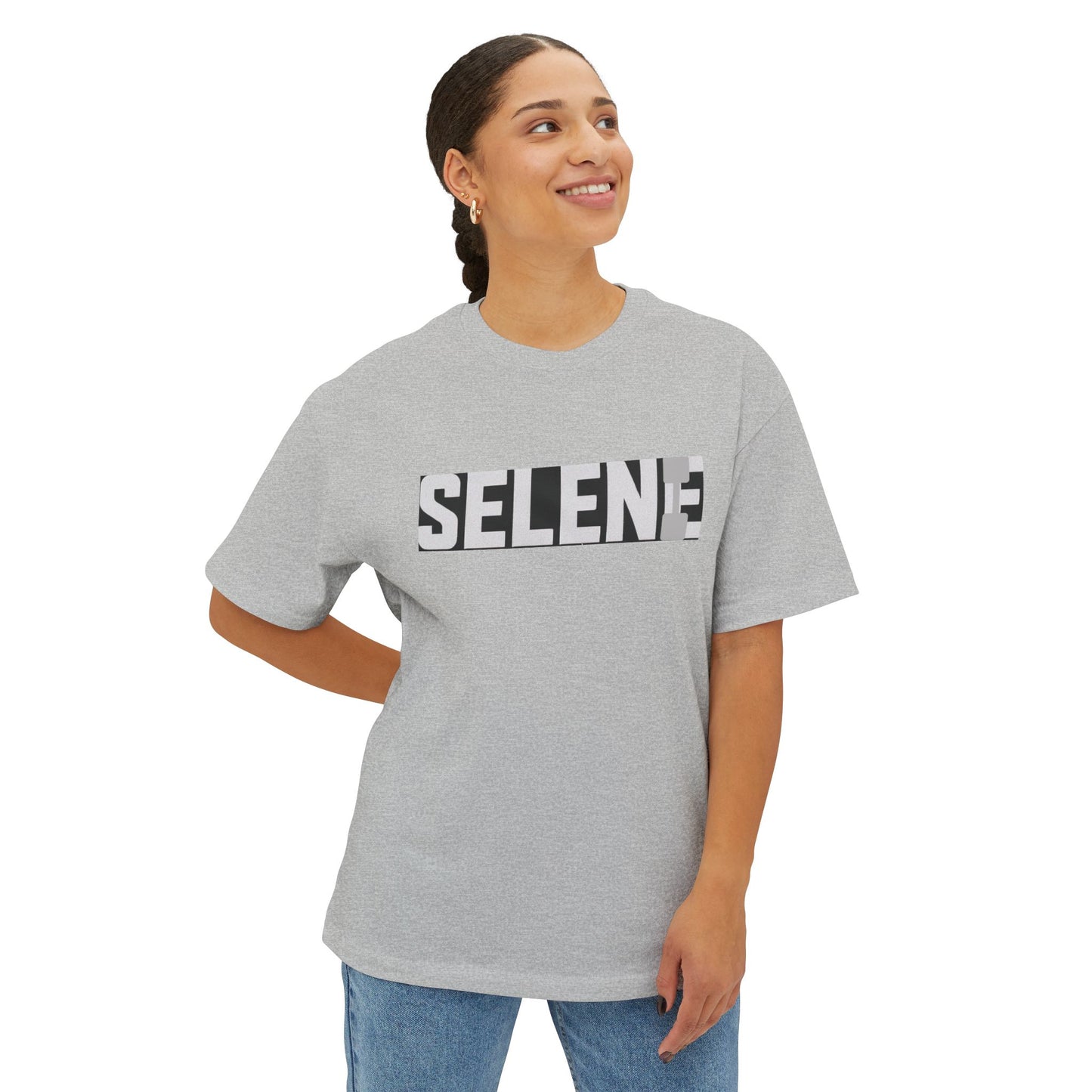 Selene gym pump cover t-shirt model wearing an oversized grey tee with bold SELENE graphic, perfect for gym and casual wear.
