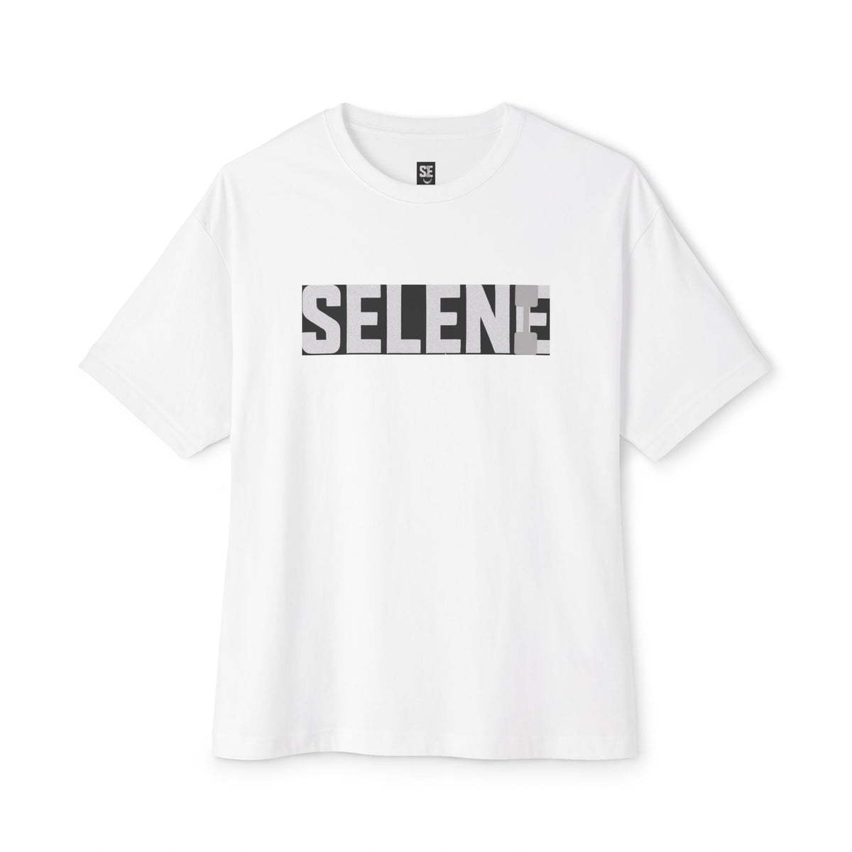 Selene gym pump cover t-shirt in white color with bold SELENE graphic on the front.
