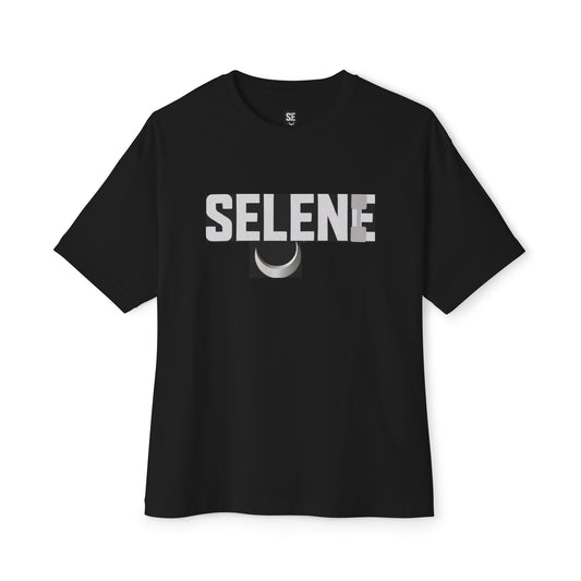 Selene gym pump cover t-shirt in black with bold lettering and a crescent moon design.